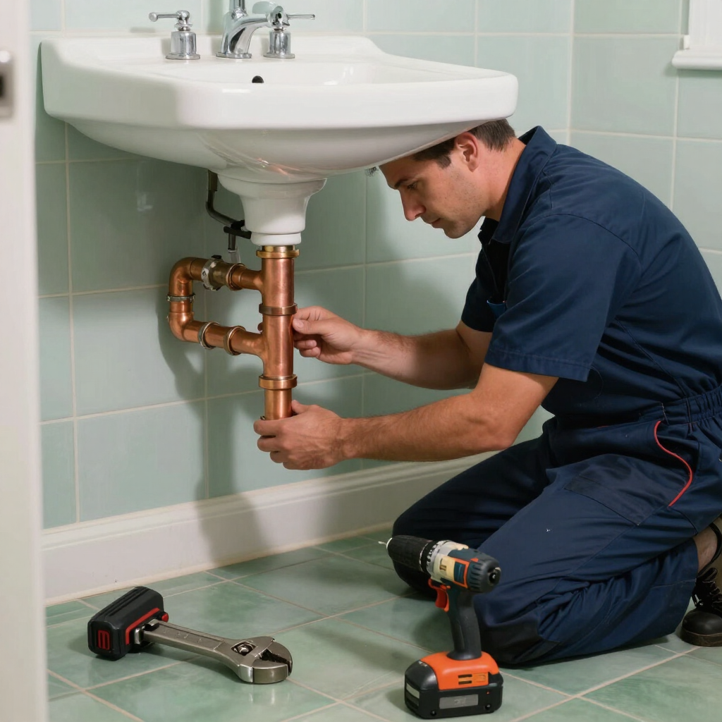 Plumber repairing sink pipes under a bathroom sink, with tools on the tiled floor.