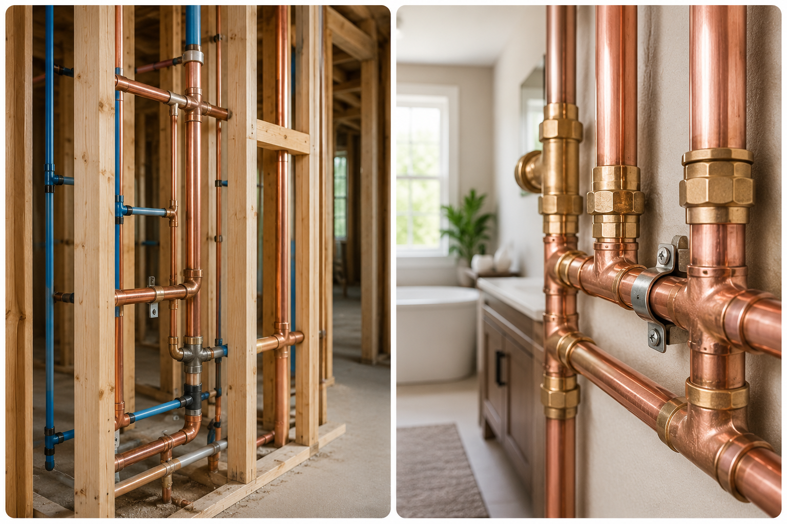 Split view of plumbing: exposed pipes in wall framing and polished copper pipes in a modern room