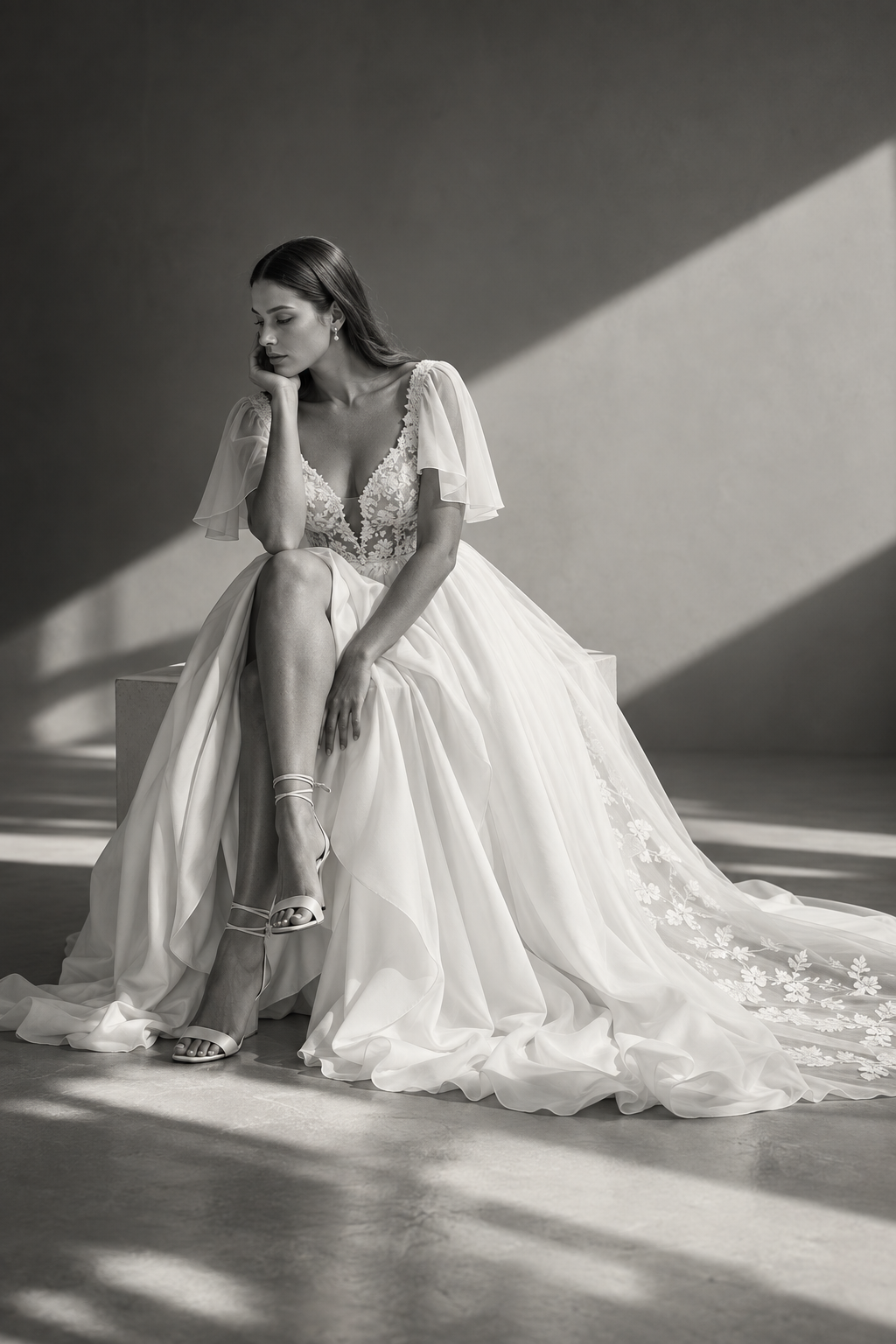 Eine Braut im Brautkleid hält einen Blumenstrauß.