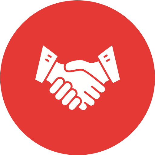 A white handshake icon in a red circle.