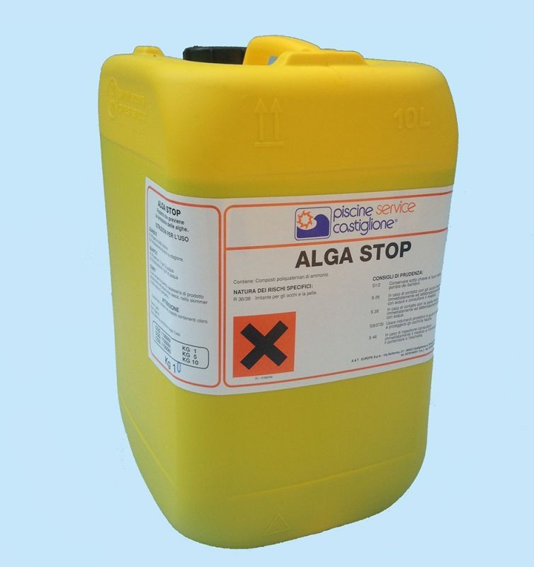 Un contenitore giallo con un'etichetta bianca che dice alga stop