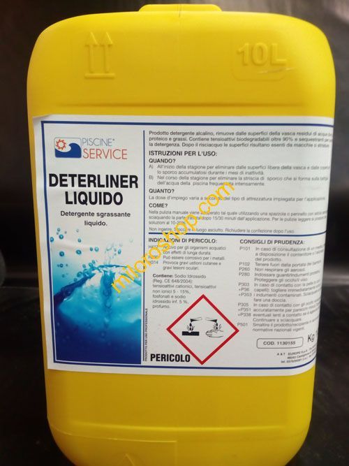 Un contenitore giallo con un'etichetta che dice deterliner liquido