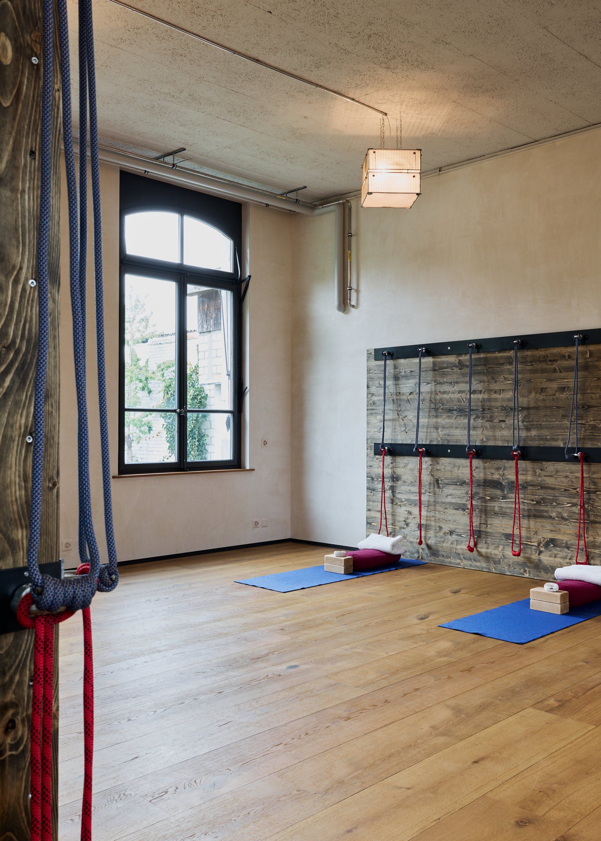 Yoga Tadasana Interlaken Blick auf Iyengar Yoga Wall mit Seilen