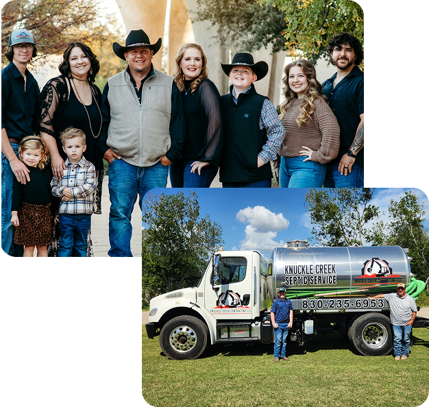 Family posing beside a white tanker truck on grass, with a smaller group portrait inset above.