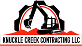 Knuckle Creek Contracting LLC logo with black excavator silhouette and red arch on white background