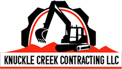 Knuckle Creek Contracting LLC logo with black excavator silhouette and red arch on white background