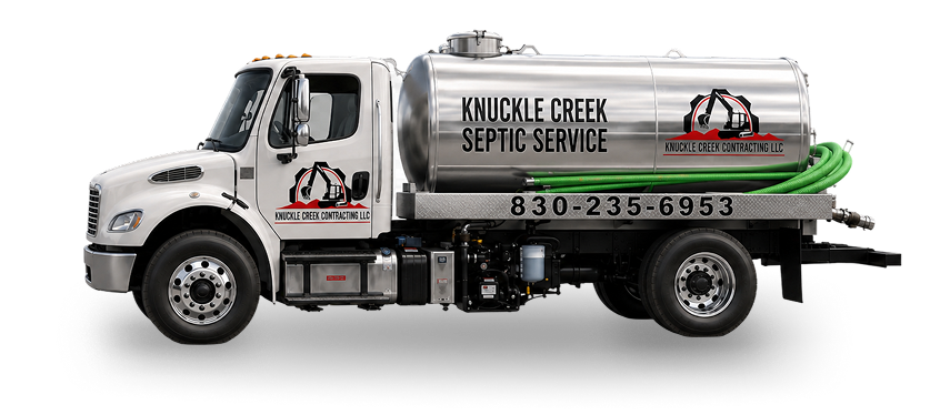 White septic service truck with company logo and hose on the back, side view on a white background
