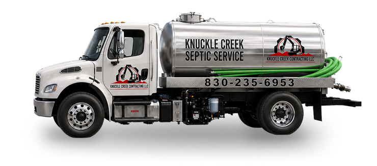 White septic service truck with company logo and hose on the back, side view on a white background