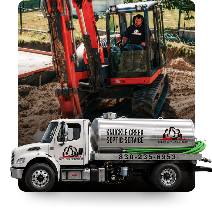 White septic service truck with “Knecht’s Creek Septic Service” logo in front of a red excavator.