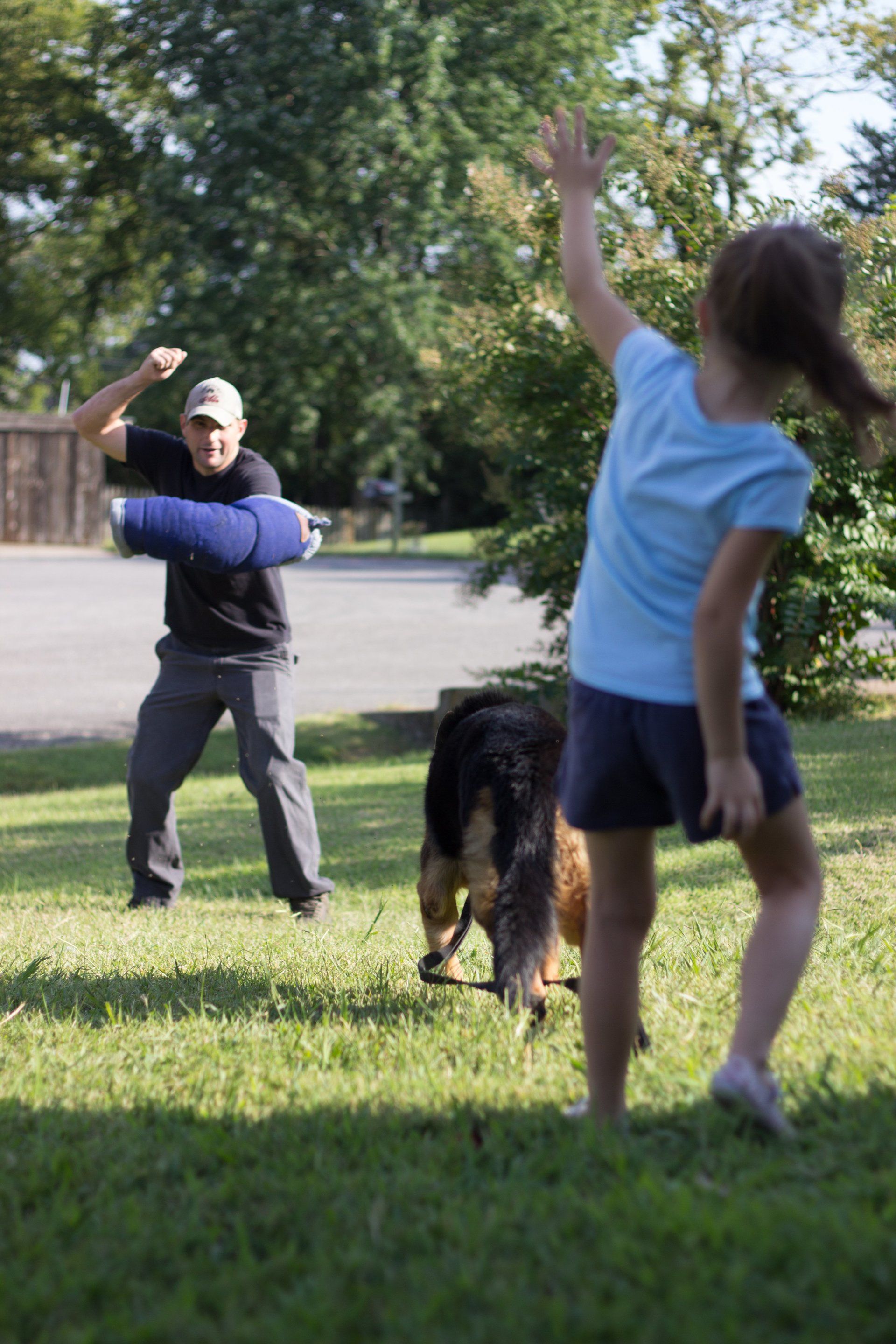 People in a park playing catch with a dog, one raising an arm to throw or catch a ball