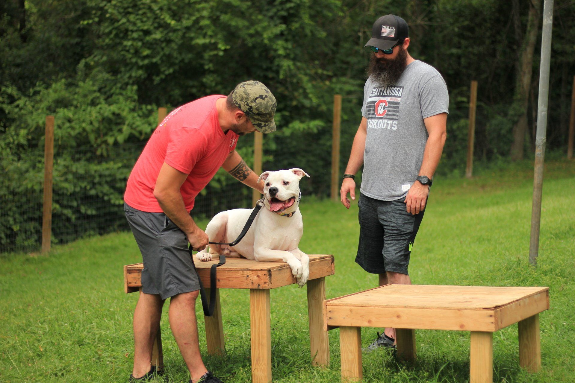 Man in red shirt petting a white dog on a wooden table while another man stands nearby outdoors.