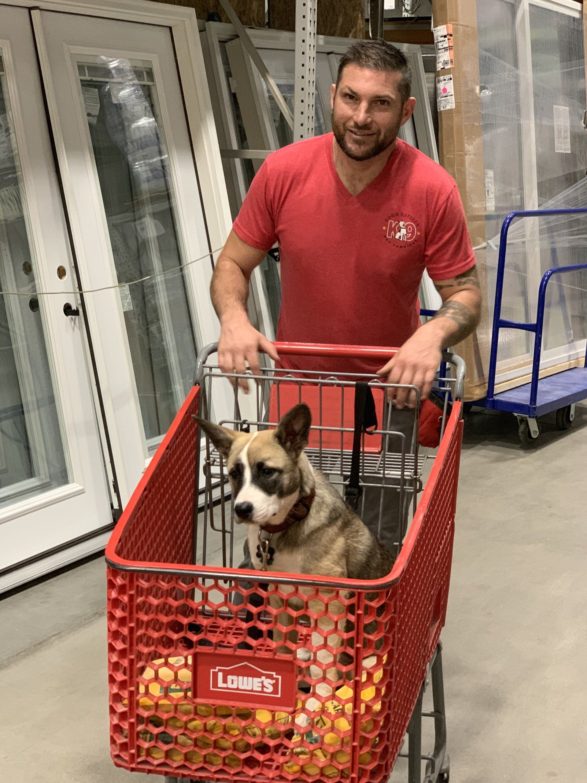 Man pushing a dog in a red shopping cart outside a store