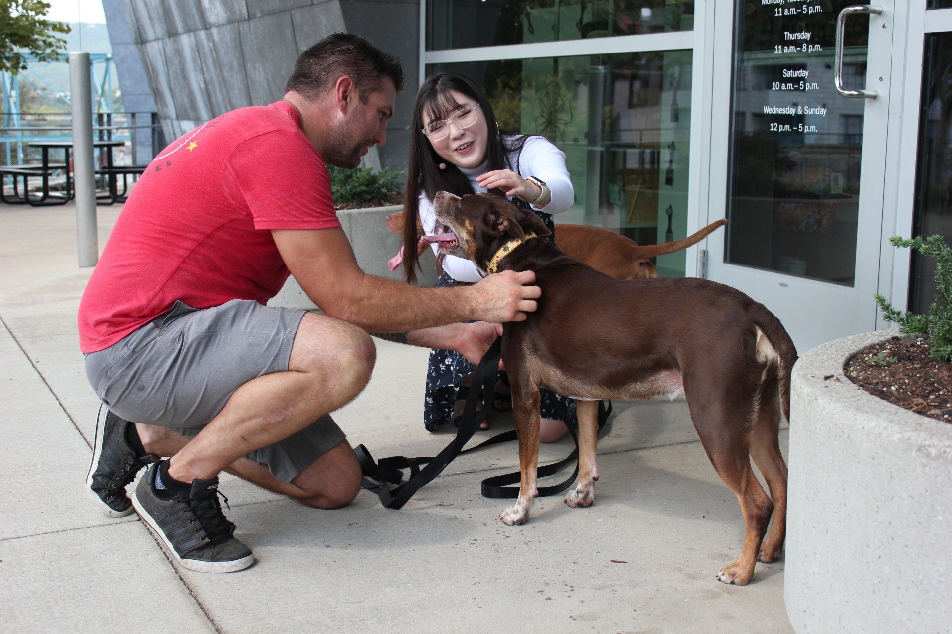 Man kneels petting two dogs while a woman smiles beside them outside a glass building.