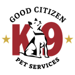 Good Citizen Pet Services logo with red K9 and a black-and-white dog between gold stars