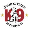 Good Citizen Pet Services logo with red K9 and a black-and-white dog between gold stars