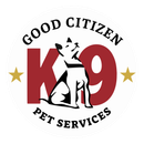 Good Citizen K9 Pet Services logo with red text, black dog, and gold stars