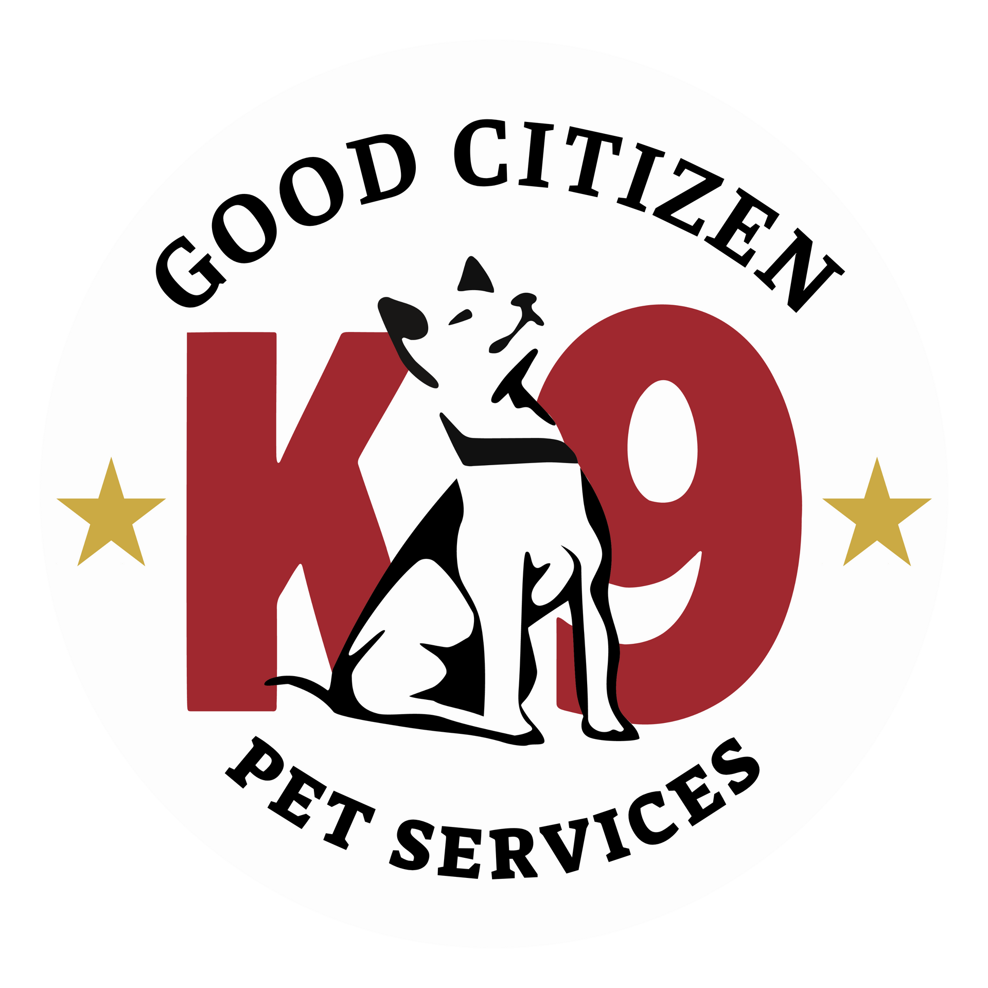 Good Citizen K9 Pet Services logo with red text, black dog, and gold stars