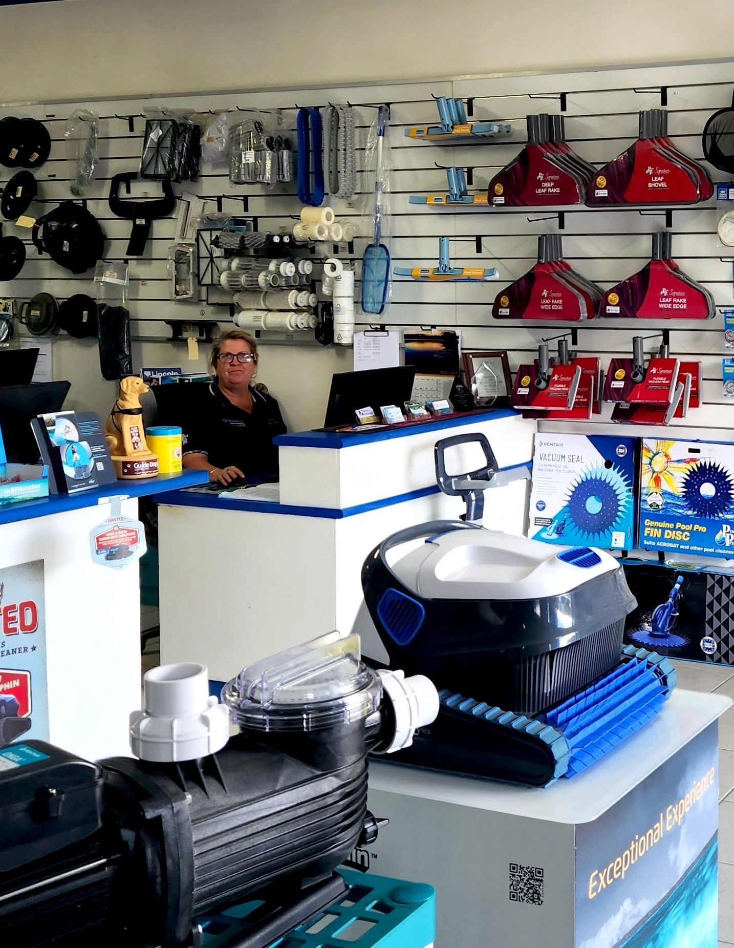 A woman is sitting behind a desk in a pool shop — Pool Cleaning in Kewarra Beach QLD