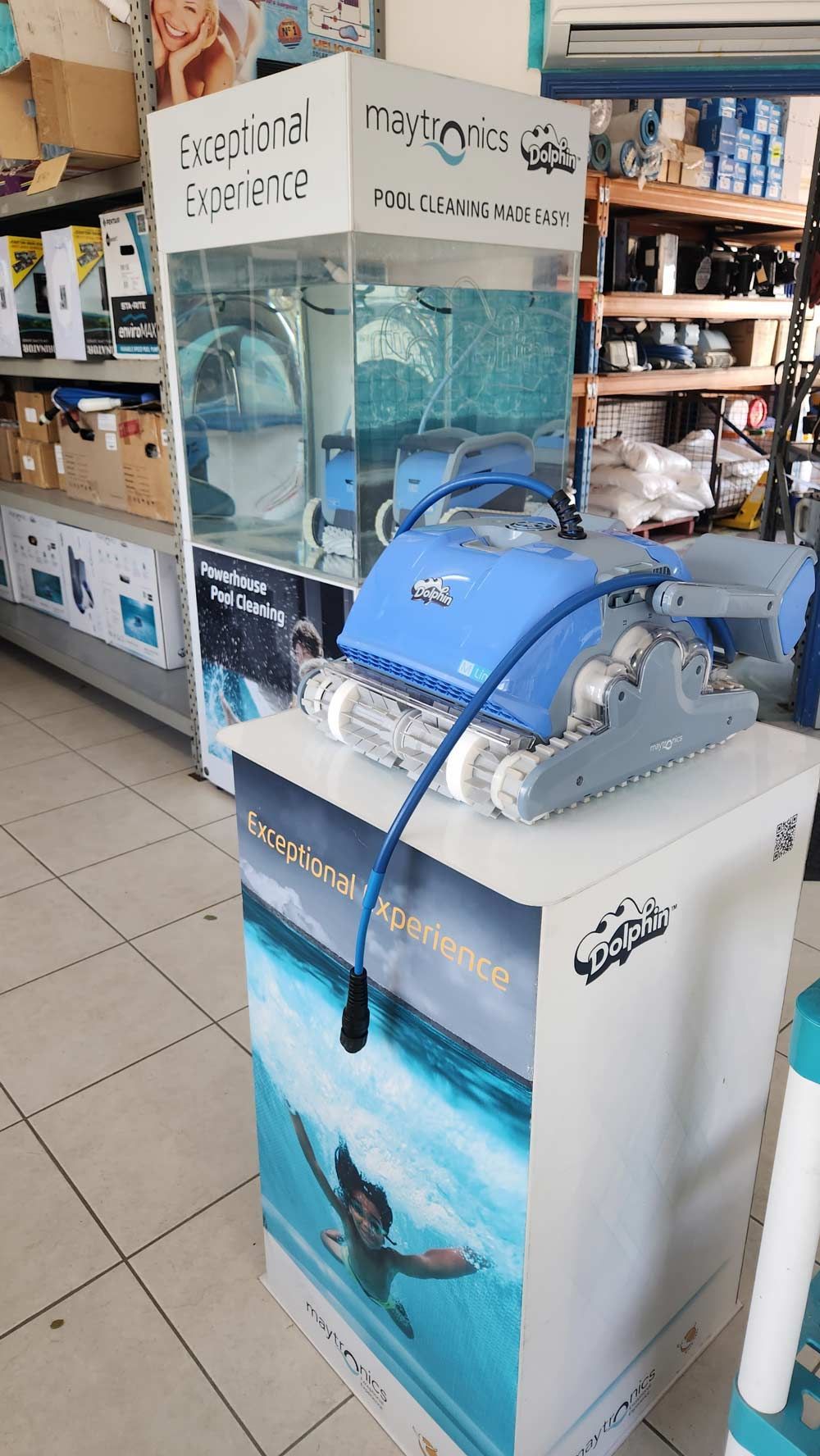 A robotic pool cleaner is on display in a store — Pool Shop in Kewarra Beach QLD