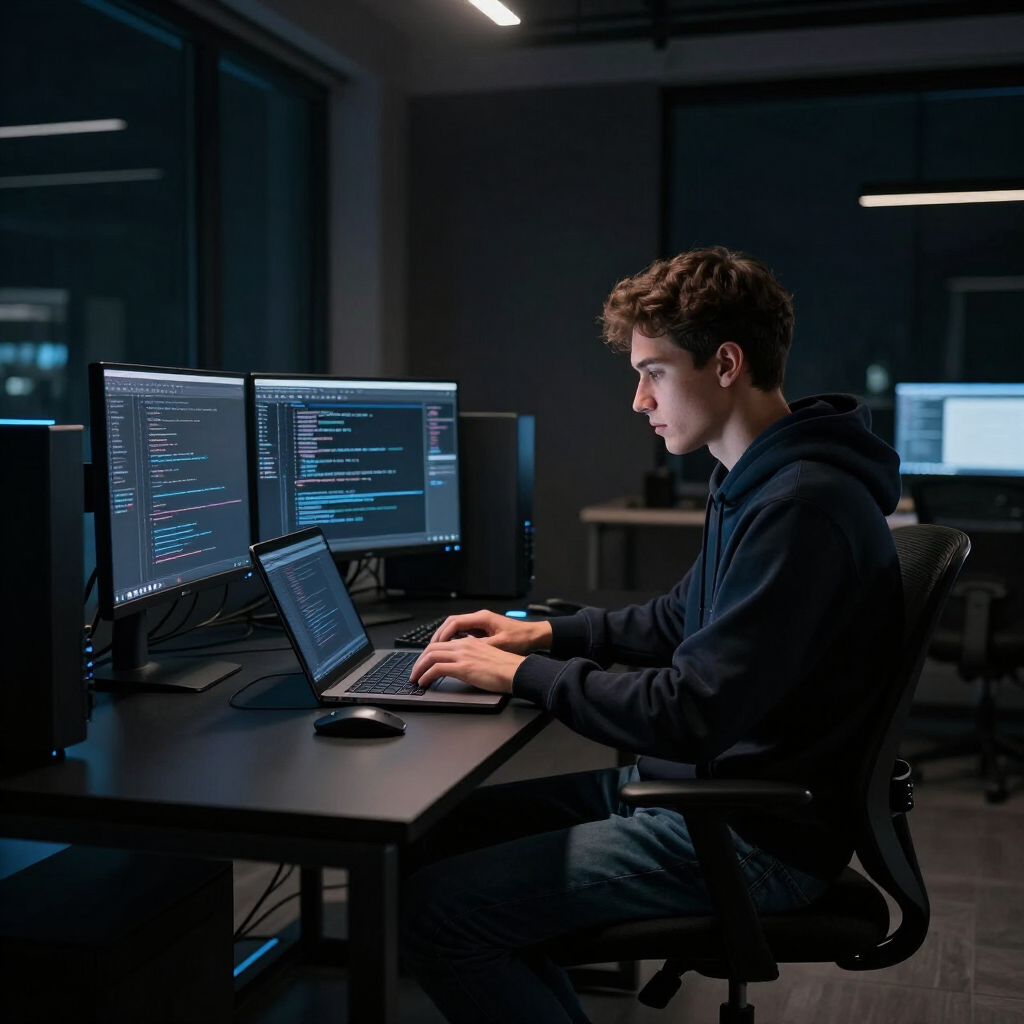 Een persoon typt op een laptop in een schemerig kantoor, met twee beeldschermen waarop code wordt weergegeven.