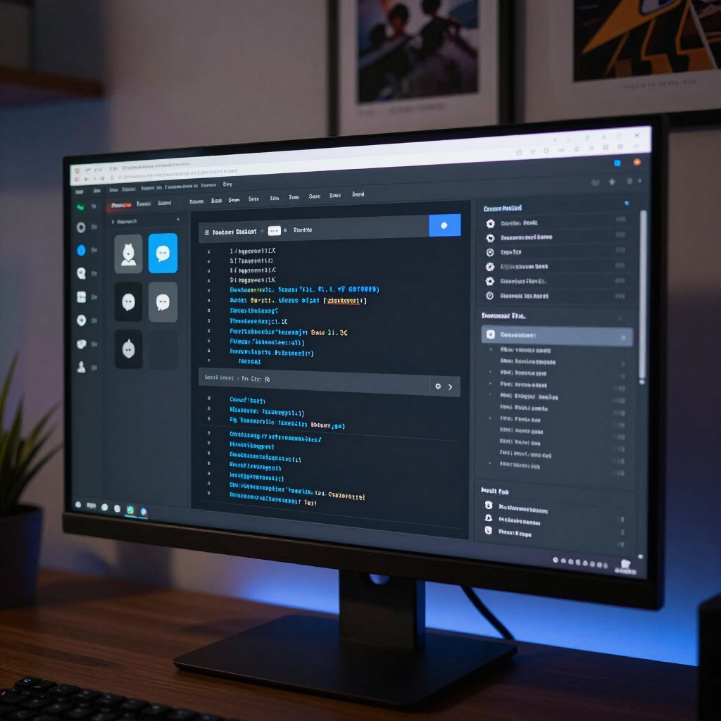 Een desktopmonitor toont een code-editor met een donker thema op een bureau met blauwe achtergrondverlichting.