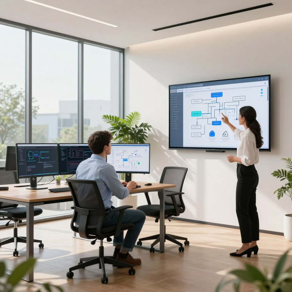 Een kantoorvergadering met twee personen die grafieken bekijken op een wanddisplay en computermonitoren aan staande bureaus.