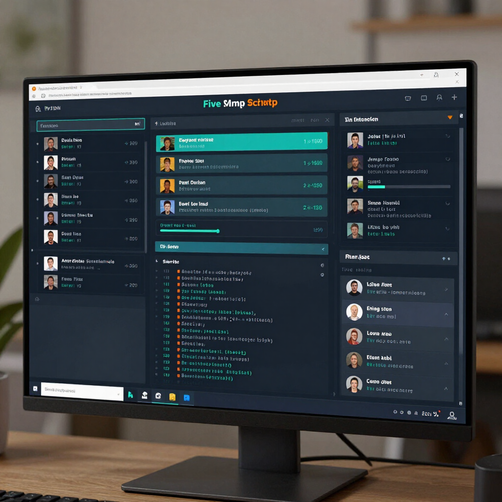 Een dashboard voor desktop-apps in een donker thema, weergegeven op een monitor, met grafieken, lijsten en profielpanelen.