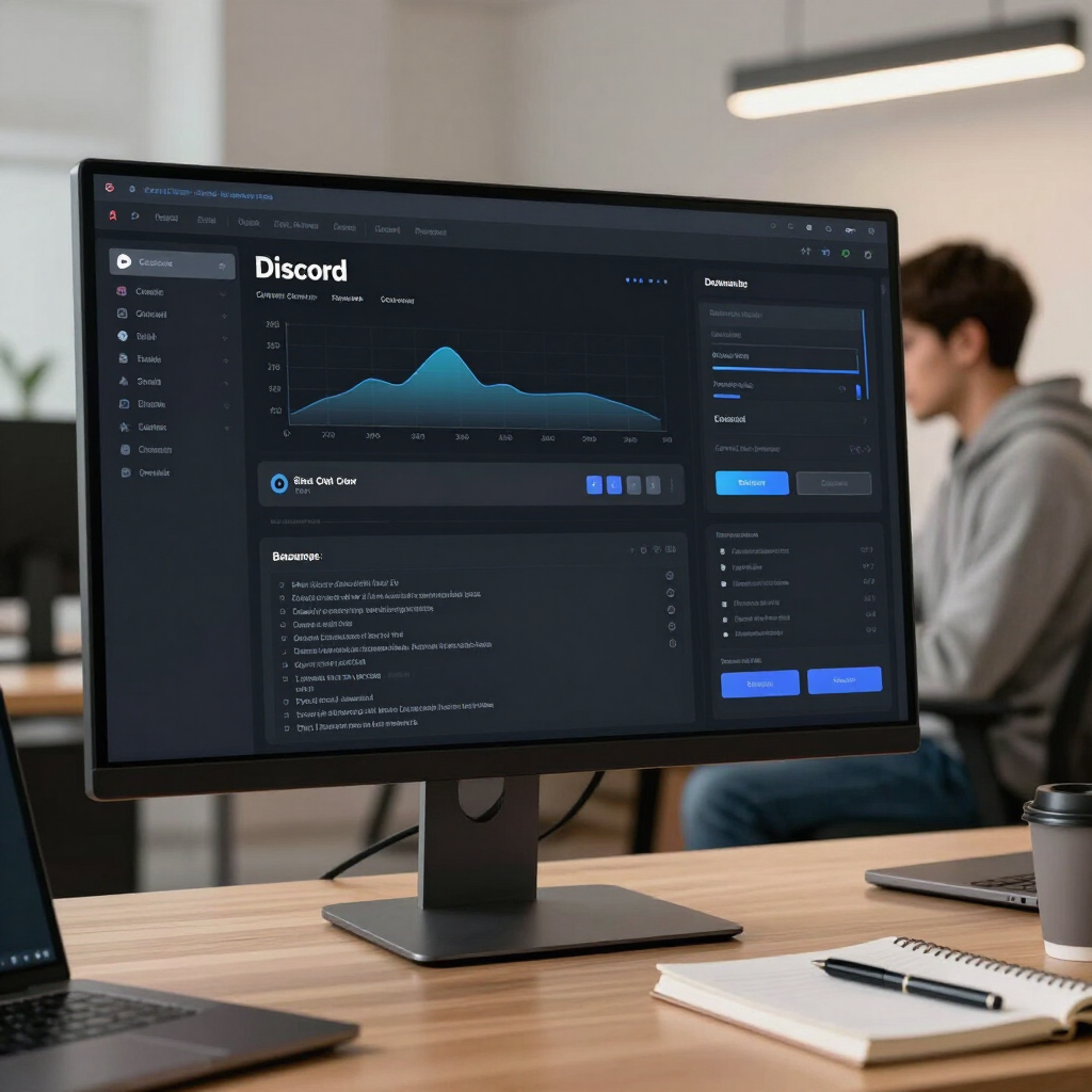 Een Discord-analysedashboard met een donker thema op een desktopmonitor in een moderne kantooromgeving.