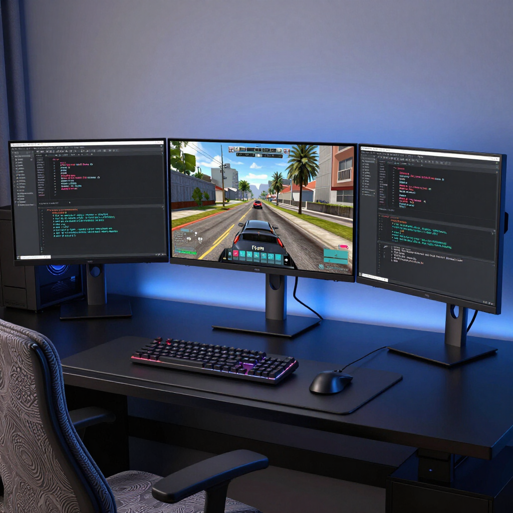Een gamingopstelling met drie monitoren, met een racegame in het midden tussen code-editors op een strak zwart bureau.