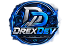 Blauw en zilverkleurig DrexDev-logo met een gestileerd 