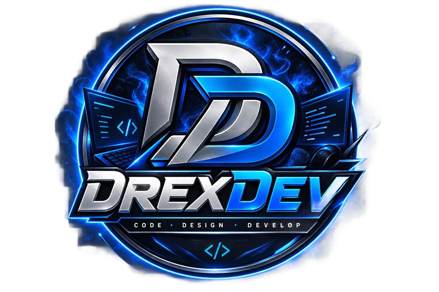 Blauw en zilverkleurig DrexDev-logo met een gestileerd 