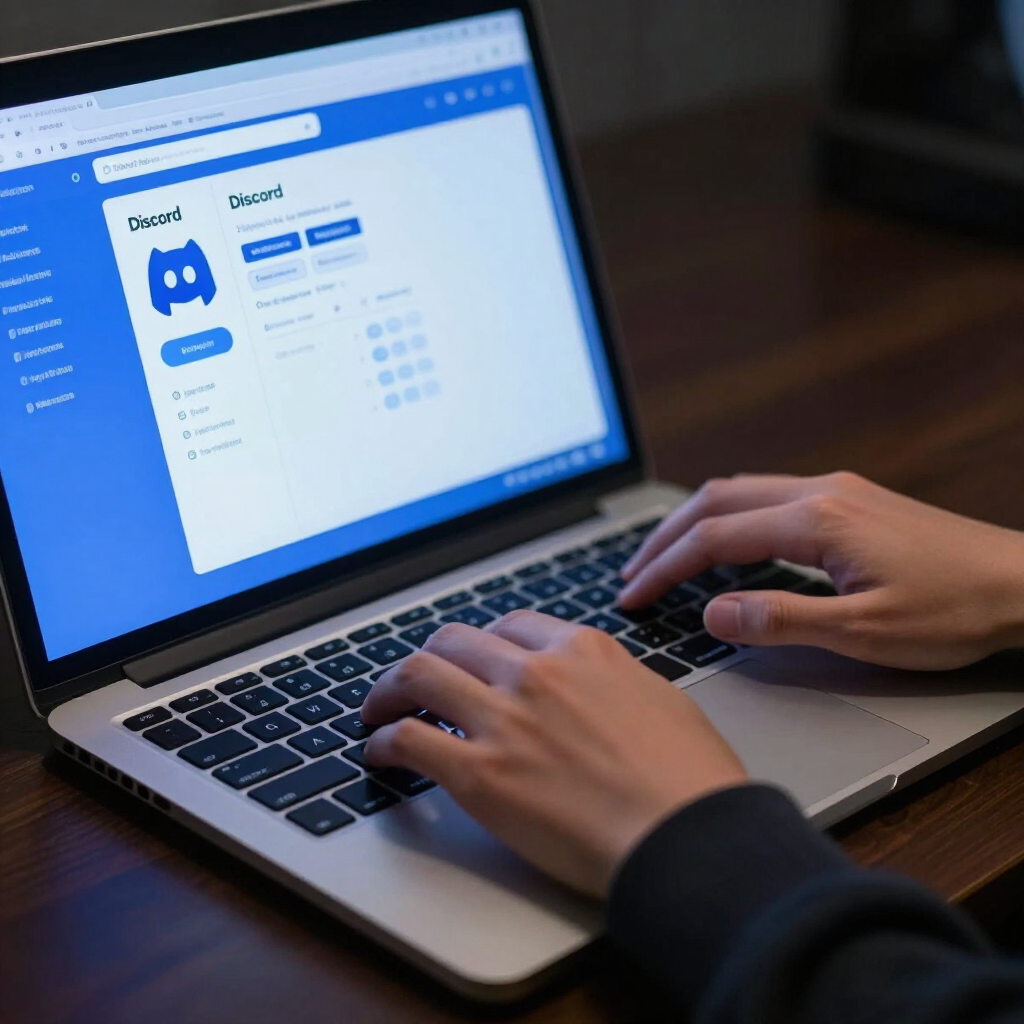 Handen typen op een laptop waarop de Discord-app te zien is op een blauw verlicht scherm.