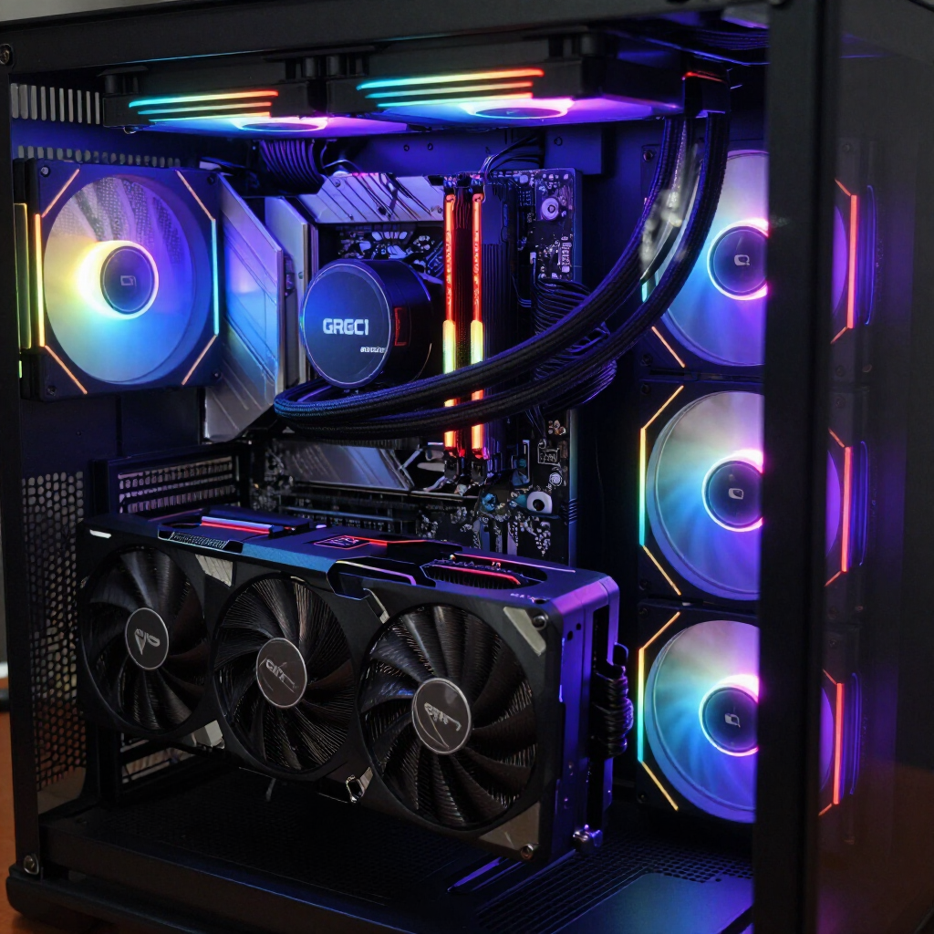 RGB-verlichte gaming-pc met drie ventilatoren, vloeistofkoeling en een grafische kaart met drie ventilatoren.