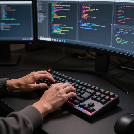 Handen typen op een verlicht toetsenbord voor meerdere monitoren waarop code wordt weergegeven op een donker bureau.