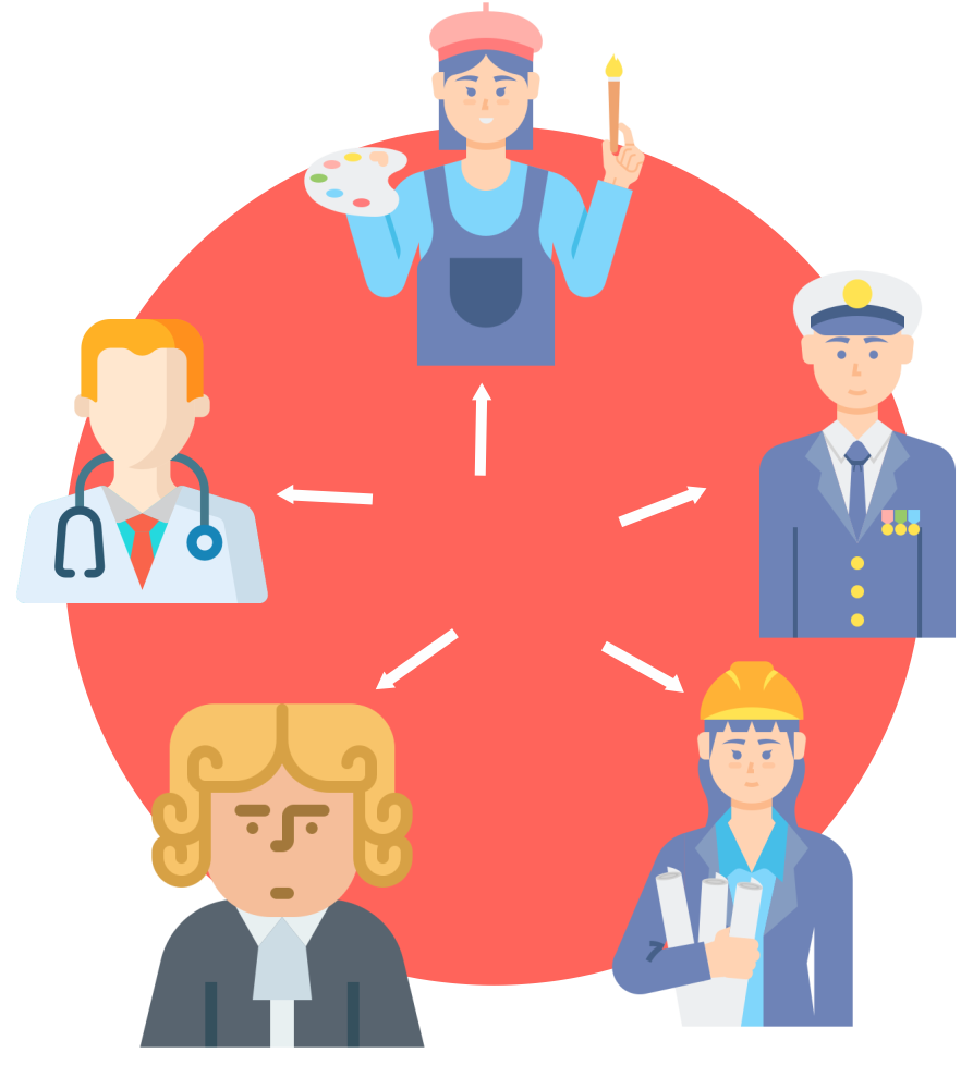 A group of people with different jobs are standing around a clock.
