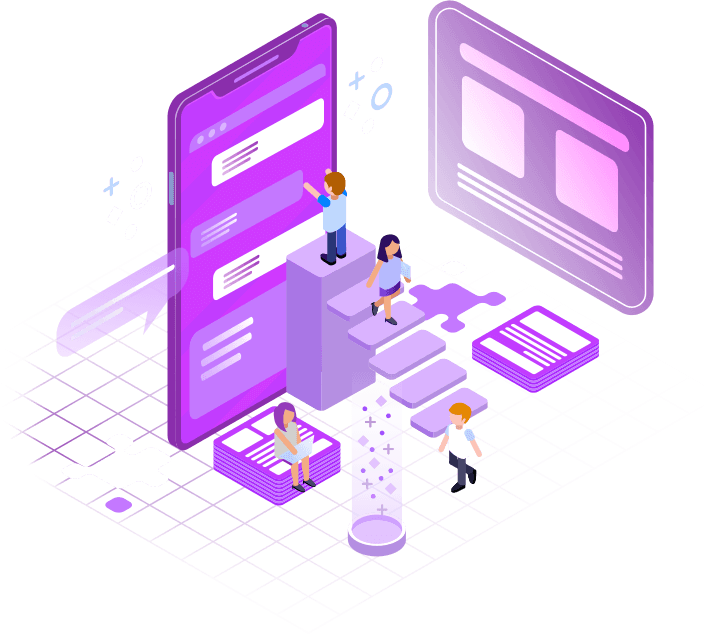 A group of people are standing on top of a purple phone.