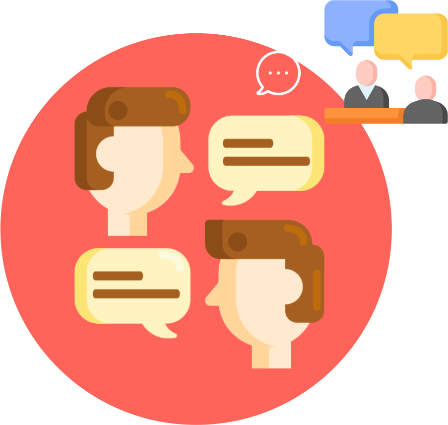 A group of people are talking to each other with speech bubbles.