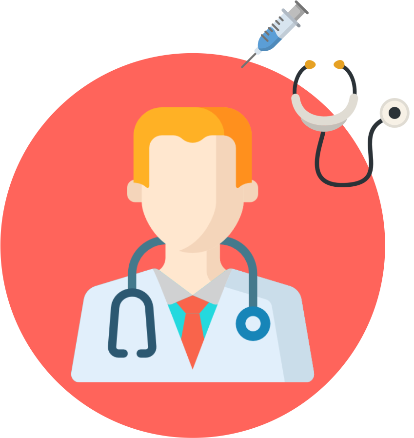 An icon of a doctor with a stethoscope and a syringe.