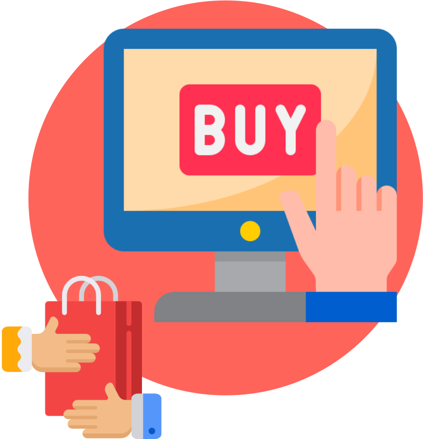 A hand is holding a shopping bag in front of a computer screen that says buy.