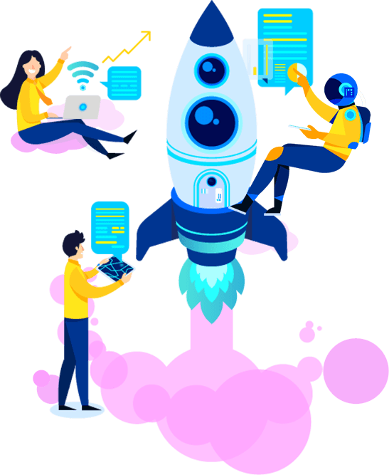 A group of people are sitting around a rocket.