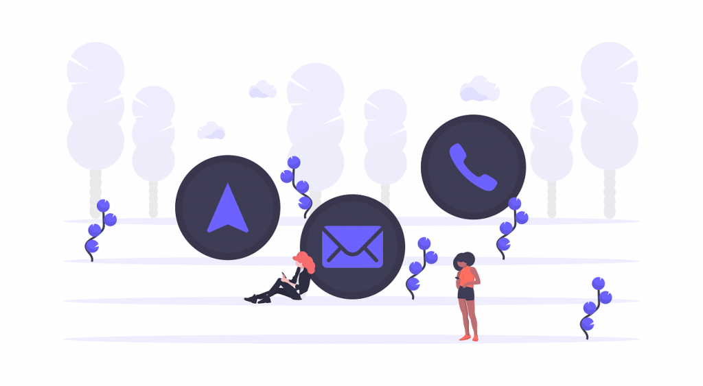 A group of people are standing around a bunch of contact icons.