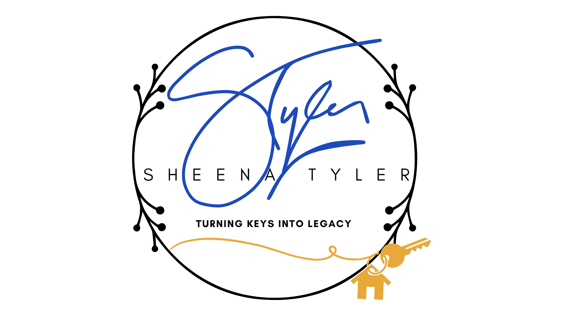 Logo reading &ldquo;SHEENA TYLER&rdquo; with a cursive blue signature inside a floral circle and gold key accent.