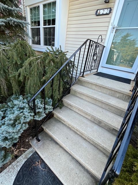Concrete steps leading up to a front door with a black iron railing, a weeping evergreen, and a light-colored house.