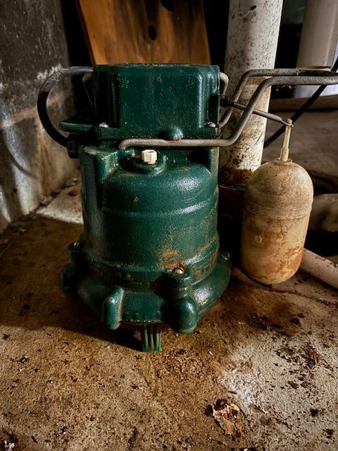Green sump pump with float in a basement.