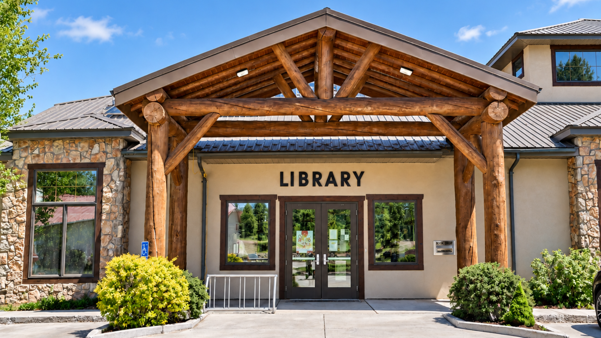 Library entrance with wooden canopy and glass doors, surrounded by shrubs and stone walls  at Rio Grande RV Resort