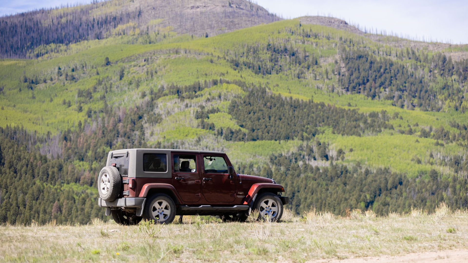 Red SUV parked in a grassy field with green hills and trees in the background.