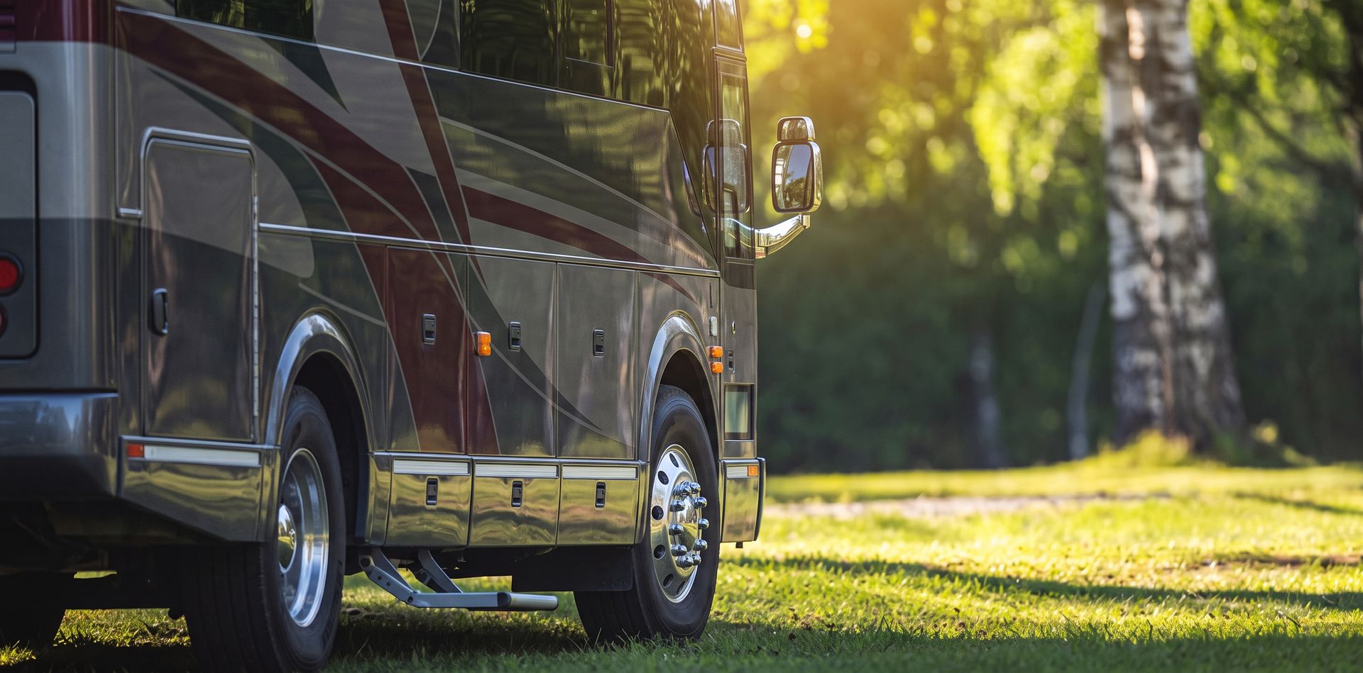 White RV parked on green grass, trees in background, sunny day.