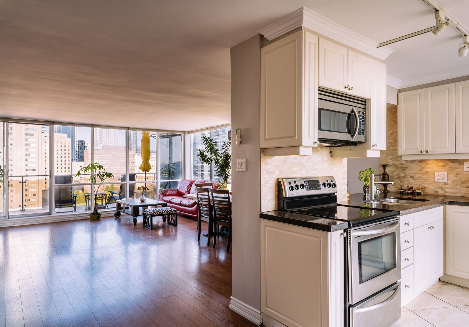 Open-concept condo with a kitchen in the foreground and a living room with city views in the background.