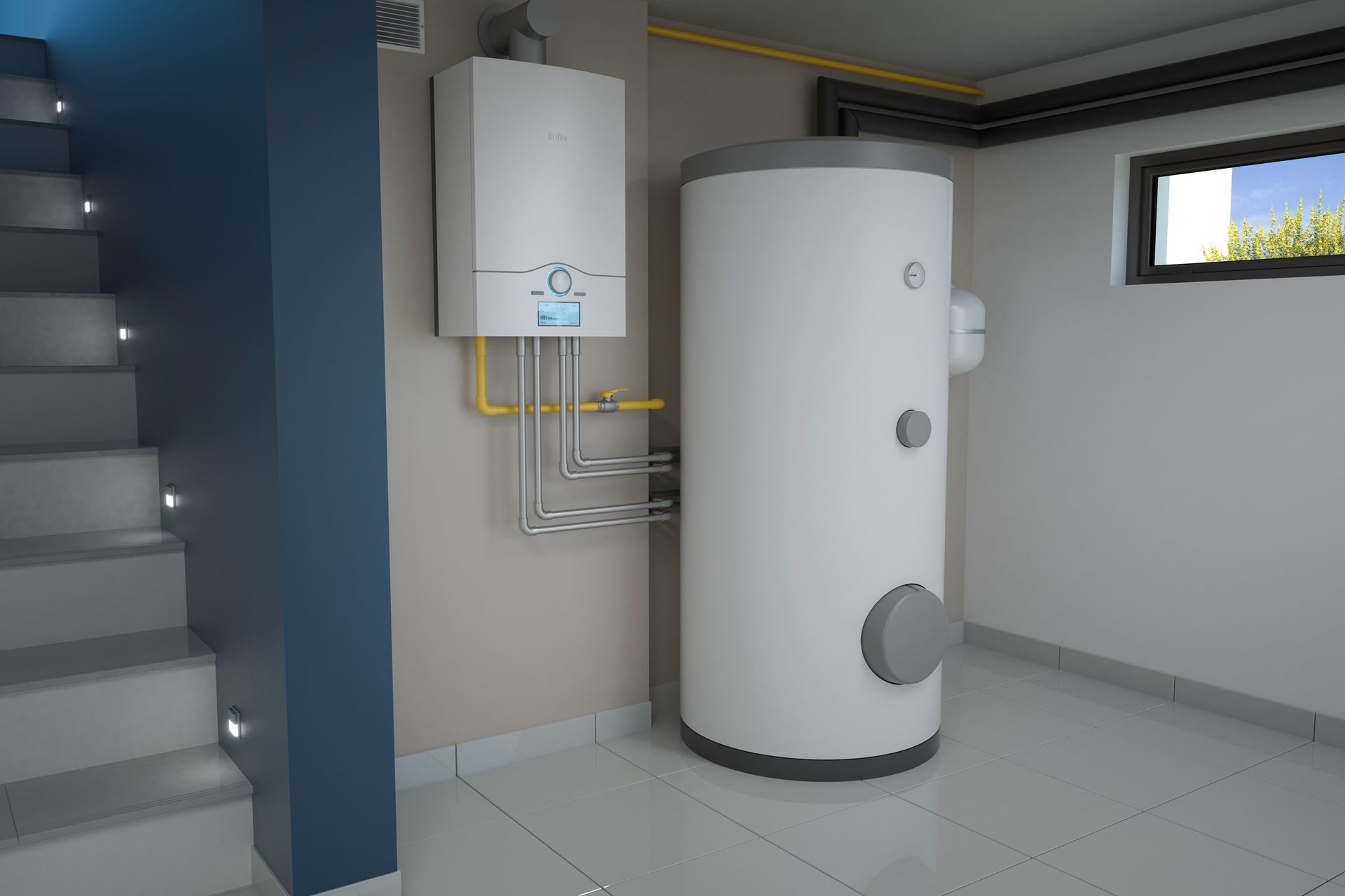 A room with a water heater and stairs in it.