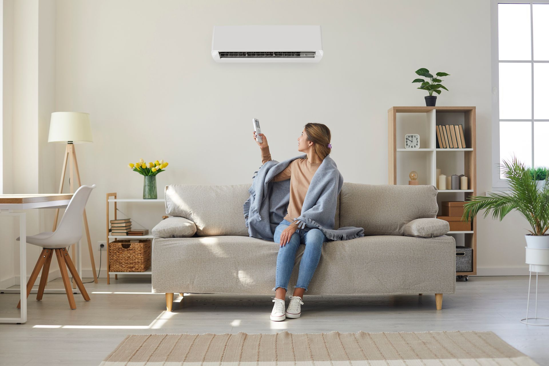 A woman is sitting on a couch in a living room holding a remote control. A woman is sitting on a couch in a living room holding a remote control.
